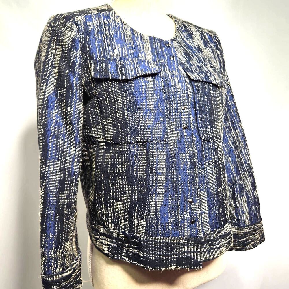 J Crew Verona Jacket Size 8 Blue Black Short Crop Cotton Linen Blend Pockets